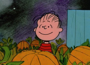 Movie still from “It's the Great Pumpkin, Charlie Brown” (1966), directed by Bill Melendez – A drawing of a boy in a field of pumpkins; Medium shot, High angle