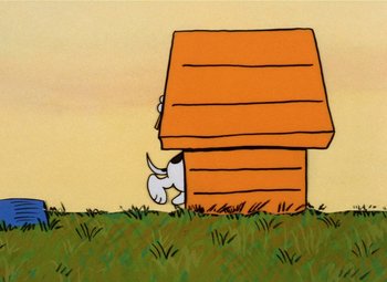 Movie still from “It's the Great Pumpkin, Charlie Brown” (1966), directed by Bill Melendez – A cartoon of a dog in a doghouse; Extreme Wide shot, High angle