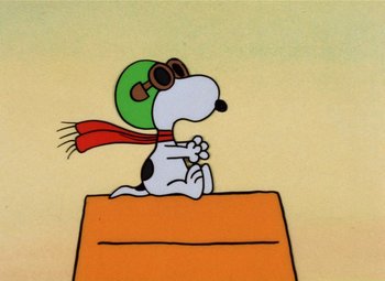 Movie still from “It's the Great Pumpkin, Charlie Brown” (1966), directed by Bill Melendez – A drawing of a dog wearing sunglasses and a scarf; Wide shot, Low angle