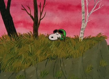 Movie still from “It's the Great Pumpkin, Charlie Brown” (1966), directed by Bill Melendez – A painting of a dog sitting in the grass next to a tree; Extreme Wide shot, High angle