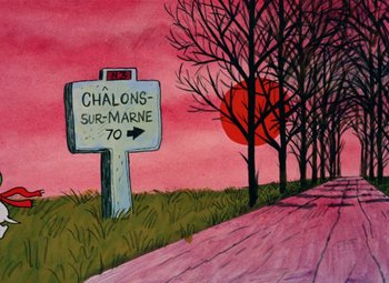 Movie still from “It's the Great Pumpkin, Charlie Brown” (1966), directed by Bill Melendez – A painting of a street sign and trees in front of a pink sky; Extreme Wide shot, Low angle