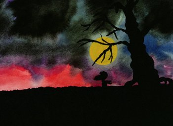 Movie still from “It's the Great Pumpkin, Charlie Brown” (1966), directed by Bill Melendez – A painting of a tree and a person under a moon; Extreme Wide shot, High angle