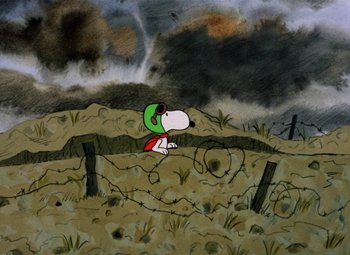 Movie still from “It's the Great Pumpkin, Charlie Brown” (1966), directed by Bill Melendez – A drawing of a dog with a green hat; Extreme Wide shot, High angle