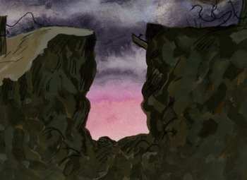 Movie still from “It's the Great Pumpkin, Charlie Brown” (1966), directed by Bill Melendez – A painting of a cliff with a hole in it; Extreme Wide shot, Low angle