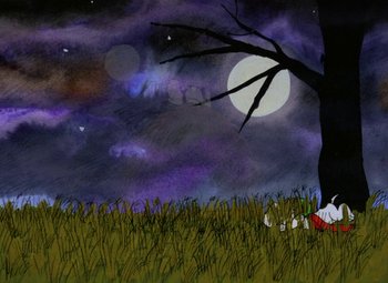 Movie still from “It's the Great Pumpkin, Charlie Brown” (1966), directed by Bill Melendez – A drawing of a dog laying in the grass under a full moon; Extreme Wide shot, Low angle
