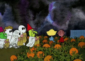 Movie still from “It's the Great Pumpkin, Charlie Brown” (1966), directed by Bill Melendez – A group of cartoon characters in a field of pumpkins; Wide shot, High angle