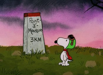 Movie still from “It's the Great Pumpkin, Charlie Brown” (1966), directed by Bill Melendez – A painting of a dog standing in front of a sign that says pont - a - mousson; Extreme Wide shot, High angle