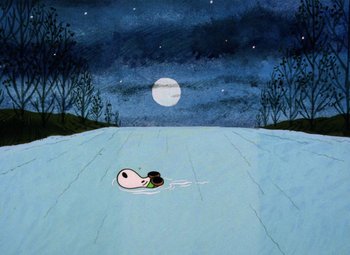 Movie still from “It's the Great Pumpkin, Charlie Brown” (1966), directed by Bill Melendez – A painting of a person falling down a hill; Extreme Wide shot, High angle