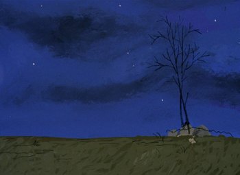 Movie still from “It's the Great Pumpkin, Charlie Brown” (1966), directed by Bill Melendez – A painting of a bare tree in a field at night; Extreme Wide shot, Low angle