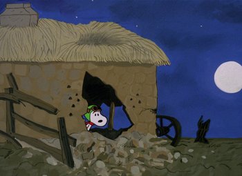Movie still from “It's the Great Pumpkin, Charlie Brown” (1966), directed by Bill Melendez – A painting of a dog looking through a hole in the wall of a house; Extreme Wide shot, High angle