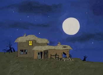 Movie still from “It's the Great Pumpkin, Charlie Brown” (1966), directed by Bill Melendez – A painting of a house with a full moon in the background; Extreme Wide shot, Low angle