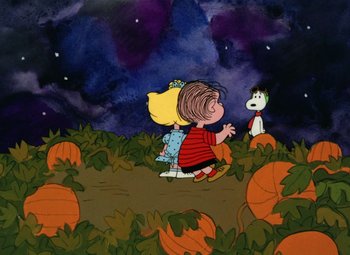 Movie still from “It's the Great Pumpkin, Charlie Brown” (1966), directed by Bill Melendez – A painting of a girl and a dog in a pumpkin patch; Extreme Wide shot, High angle