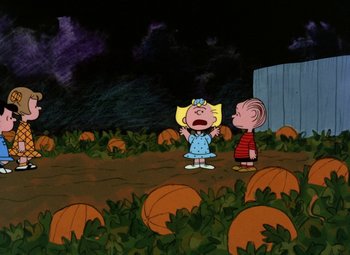Movie still from “It's the Great Pumpkin, Charlie Brown” (1966), directed by Bill Melendez – A charlie brown and linus halloween scene with pumpkins in the background; Extreme Wide shot, High angle