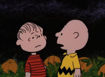 Movie still from “It's the Great Pumpkin, Charlie Brown” (1966), directed by Bill Melendez – A couple of people that are standing next to each other; Close Up shot, Over the shoulder angle