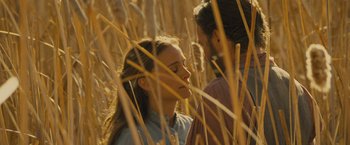 Movie still from “Jane Got a Gun” (2015), directed by Gavin O'Connor – Two people are standing in a field of tall dry grass; Close Up shot, Low angle