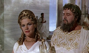 Movie still from “Jason and the Argonauts” (1963), directed by Don Chaffey – A man and a woman dressed in ancient roman clothing; Medium shot, Over the shoulder angle