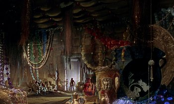 Movie still from “Jason and the Argonauts” (1963), directed by Don Chaffey – A room filled with lots of decorations and a vase; Extreme Wide shot, High angle