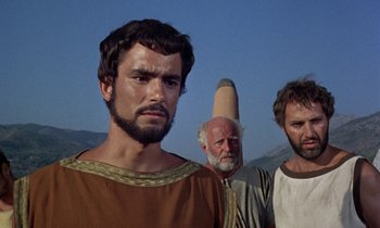 Movie still from “Jason and the Argonauts” (1963), directed by Don Chaffey – A group of men standing next to each other; Close Up shot, Low angle