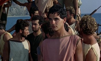 Movie still from “Jason and the Argonauts” (1963), directed by Don Chaffey – A group of men standing next to each other on a boat; Medium shot, Low angle