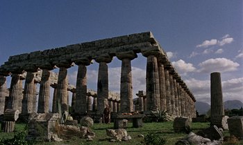 Movie still from “Jason and the Argonauts” (1963), directed by Don Chaffey – An ancient greek temple in the middle of a field; Extreme Wide shot, Low angle