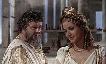 Movie still from “Jason and the Argonauts” (1963), directed by Don Chaffey – A man and a woman in ancient roman garb looking at each other; Close Up shot, Over the shoulder angle