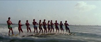 Movie still from “Jaws 3-D” (1983), directed by Joe Alves – A group of people riding water skis on top of a body of water; Extreme Wide shot, Low angle