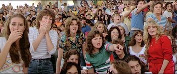 Movie still from “Jaws 3-D” (1983), directed by Joe Alves – A group of people standing in a room; Medium shot, High angle