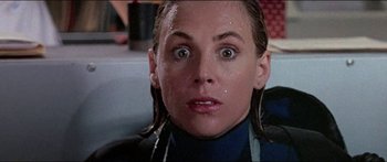 Movie still from “Jaws 3-D” (1983), directed by Joe Alves – A person with eyes wide open; Close Up shot, Low angle