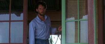 Movie still from “Jaws: The Revenge” (1987), directed by Joseph Sargent – A man standing in front of an open window; Medium shot, Low angle