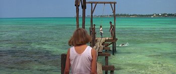 Movie still from “Jaws: The Revenge” (1987), directed by Joseph Sargent – A woman standing on a pier looking out to the ocean; Wide shot, Over the shoulder angle