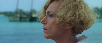 Movie still from “Jaws: The Revenge” (1987), directed by Joseph Sargent – A person's face near a body of water; Close Up shot, Over the shoulder angle