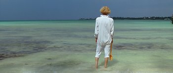 Movie still from “Jaws: The Revenge” (1987), directed by Joseph Sargent – A person standing in the water holding a paddle; Wide shot, High angle