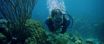 Movie still from “Jaws: The Revenge” (1987), directed by Joseph Sargent – A person in a scuba suit swimming in the ocean; Wide shot, High angle