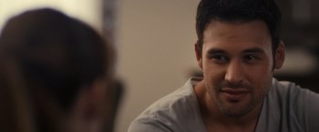 Movie still from “Jem and the Holograms” (2015), directed by Jon M. Chu – A man's face in front of a mirror; Close Up shot, Over the shoulder angle