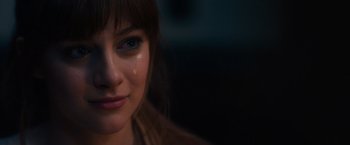 Movie still from “Jem and the Holograms” (2015), directed by Jon M. Chu – A woman's face with tears coming out of her eyes; Close Up shot, Over the shoulder angle