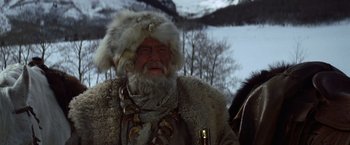 Movie still from “Jeremiah Johnson” (1972), directed by Sydney Pollack – An old man in a fur coat and a fur hat; Close Up shot, Low angle