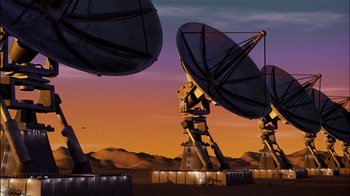 Movie still from “Jimmy Neutron: Boy Genius” (2001), directed by John A. Davis – A group of satellite dishes sitting on top of a sandy beach; Extreme Wide shot, Low angle
