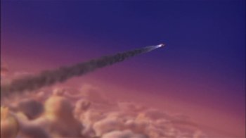 Movie still from “Jimmy Neutron: Boy Genius” (2001), directed by John A. Davis – A rocket is flying through the sky with smoke coming from it; Extreme Wide shot, Low angle