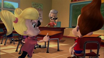 A scene from a cartoon with a woman in the background