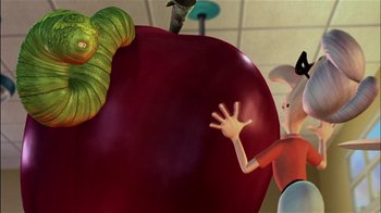 Movie still from “Jimmy Neutron: Boy Genius” (2001), directed by John A. Davis – An animated scene of a person reaching for an apple with a caterpillar on it; Medium shot, Over the shoulder angle