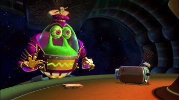 Movie still from “Jimmy Neutron: Boy Genius” (2001), directed by John A. Davis – A cartoon character is standing in front of a table; Wide shot, Over the shoulder angle