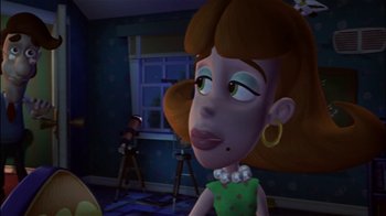 A cartoon of a woman in a green dress looking at a camera