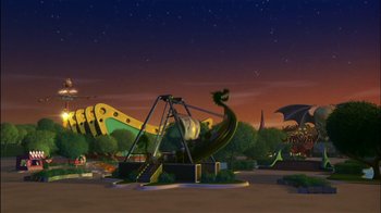 Movie still from “Jimmy Neutron: Boy Genius” (2001), directed by John A. Davis – An amusement park at night time with a lot of lights; Extreme Wide shot, High angle