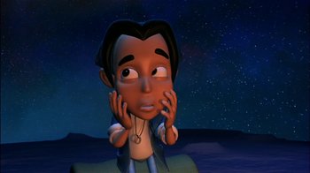 Movie still from “Jimmy Neutron: Boy Genius” (2001), directed by John A. Davis – A cartoon of a man with his hands on his face; Close Up shot, High angle