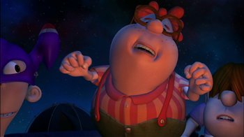 Movie still from “Jimmy Neutron: Boy Genius” (2001), directed by John A. Davis – An image of an animated character in a cartoon movie; Medium shot, Low angle