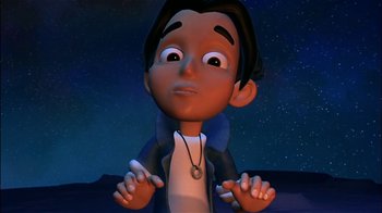 Movie still from “Jimmy Neutron: Boy Genius” (2001), directed by John A. Davis – A cartoon of a person with a necklace; Close Up shot, Low angle