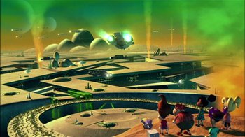 Movie still from “Jimmy Neutron: Boy Genius” (2001), directed by John A. Davis – An alien landscape with a bunch of green lights in the sky; Extreme Wide shot, High angle