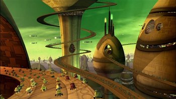 Movie still from “Jimmy Neutron: Boy Genius” (2001), directed by John A. Davis – An animated scene of a city with a green sky; Extreme Wide shot, High angle