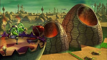 Movie still from “Jimmy Neutron: Boy Genius” (2001), directed by John A. Davis – An artistic rendering of an alien world with an apple on top of it; Extreme Wide shot, High angle