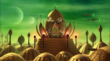 Movie still from “Jimmy Neutron: Boy Genius” (2001), directed by John A. Davis – An animated picture of a building in the middle of a city; Extreme Wide shot, High angle